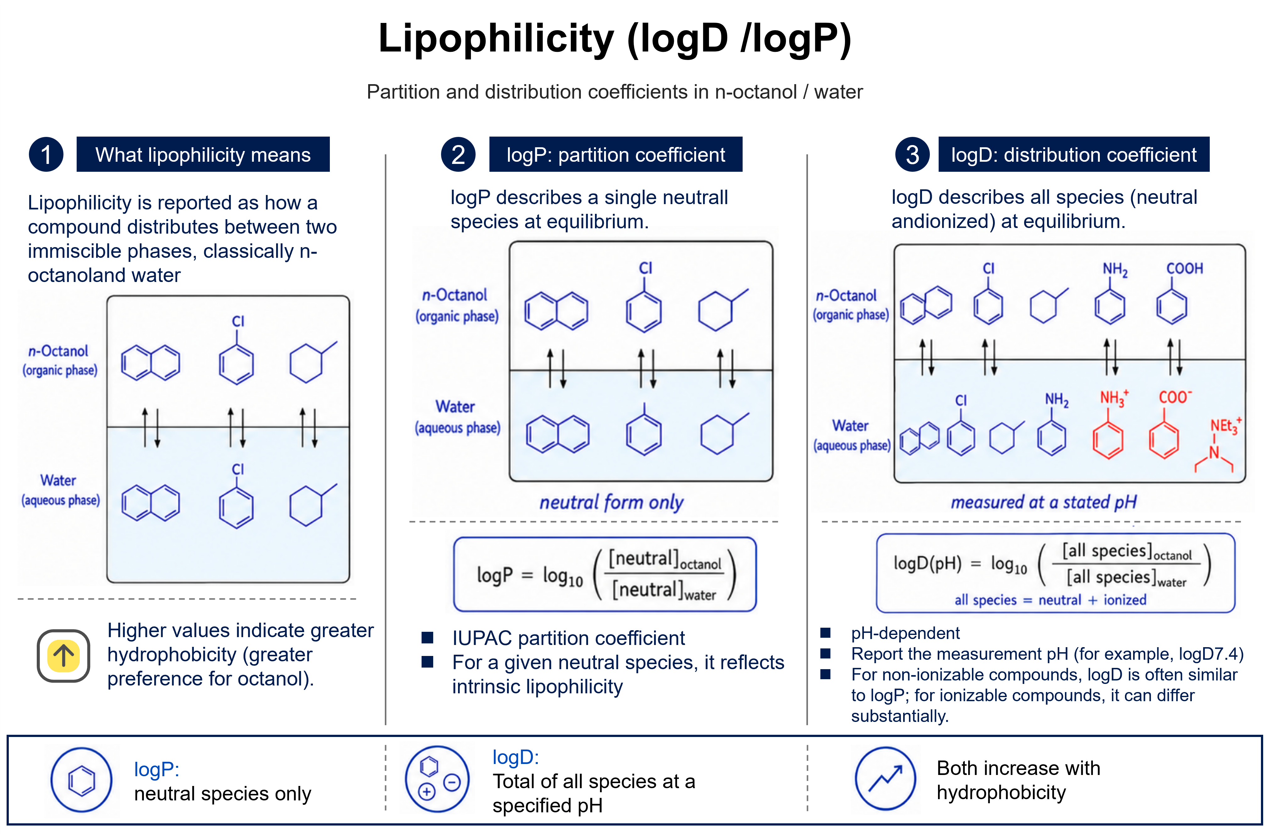 Lipophilicity (logD / logP): how a compound distributes between two immiscible phases, classically n-octanol (organic) and water (aqueous); higher values mean greater hydrophobicity. logP is the IUPAC partition coefficient of a single neutral species, logP = log10([neutral]octanol/[neutral]water), and is pH-independent. logD is the distribution coefficient of all species (neutral + ionized) at a stated pH, logD(pH) = log10([all species]octanol/[all species]water); because ionized forms partition preferentially into water, logD is pH-dependent and the measurement pH must be reported (e.g. logD7.4). For non-ionizable compounds logD ≈ logP; for ionizable compounds the two differ. Both increase with hydrophobicity.